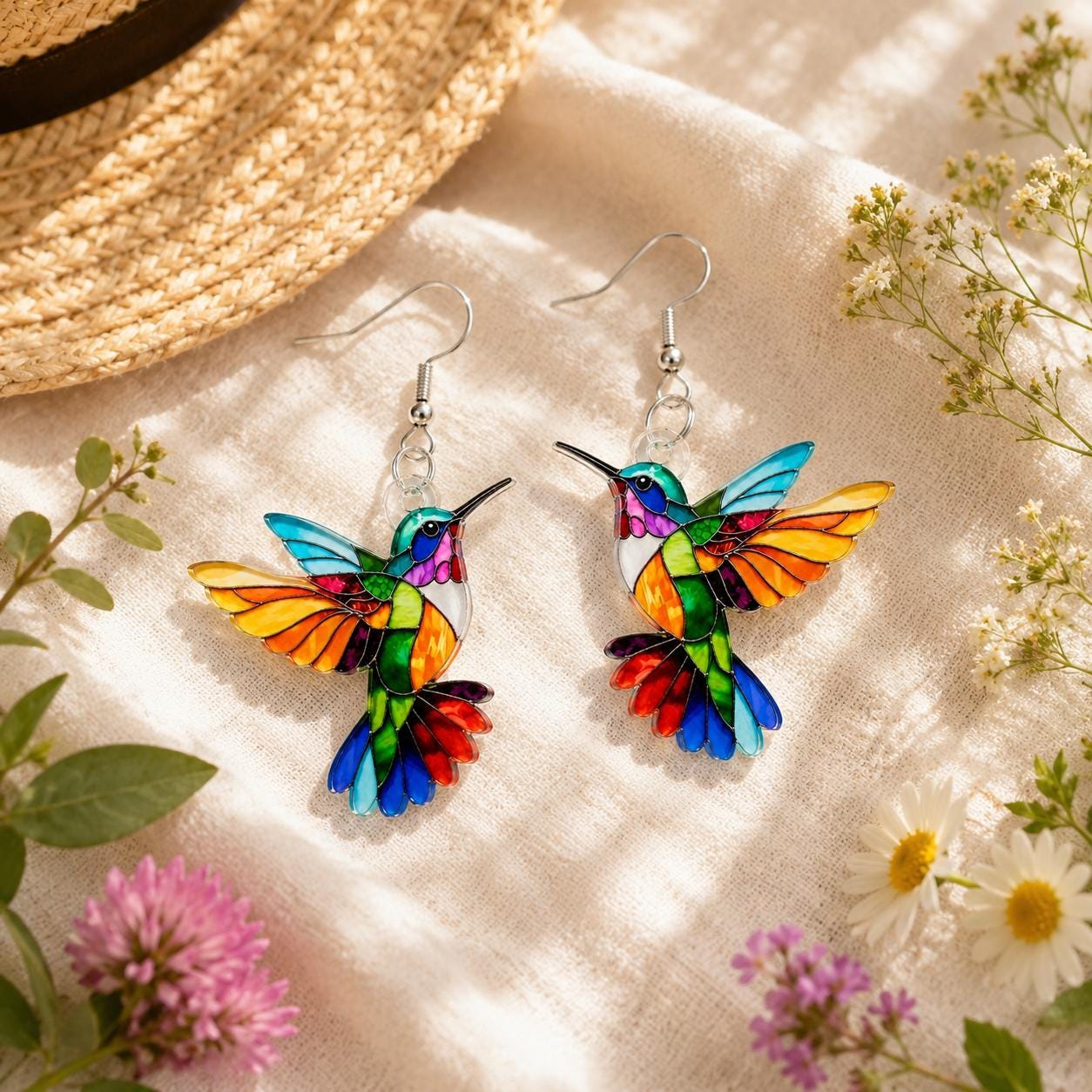 Hummingbird dangle earrings size and scale