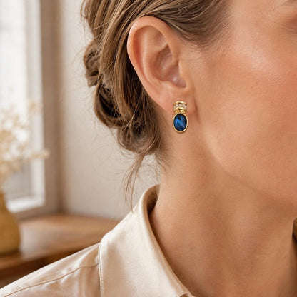 Blue glass gold oval stud earrings size and scale