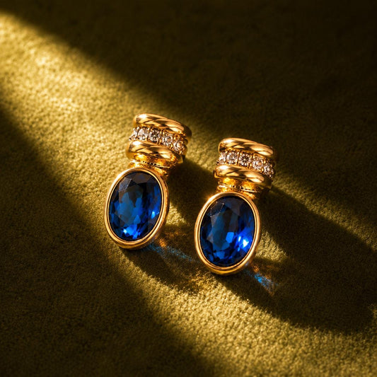 Blue glass sapphire gold oval stud earrings