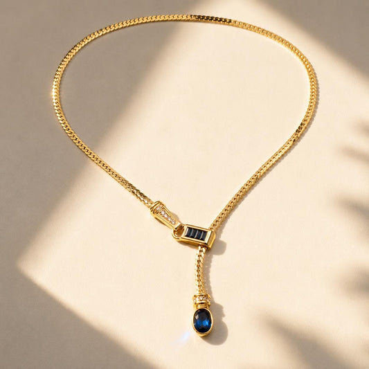Gold Y lariat necklace - close-up detail