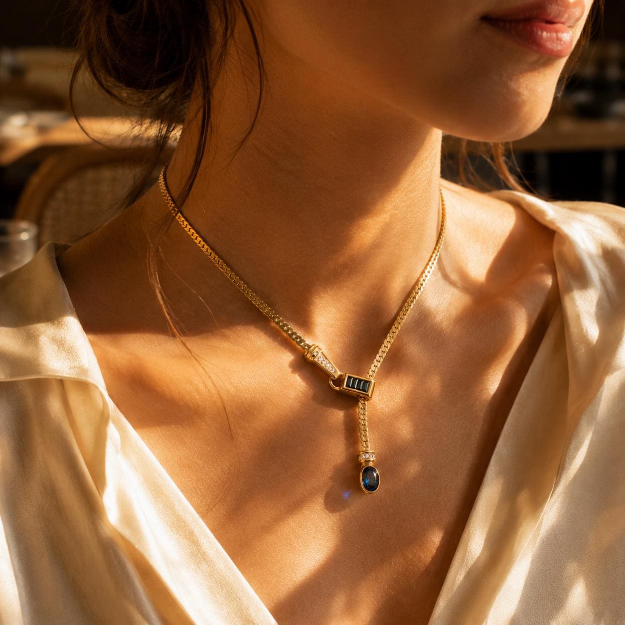 Gold Y lariat necklace size and scale