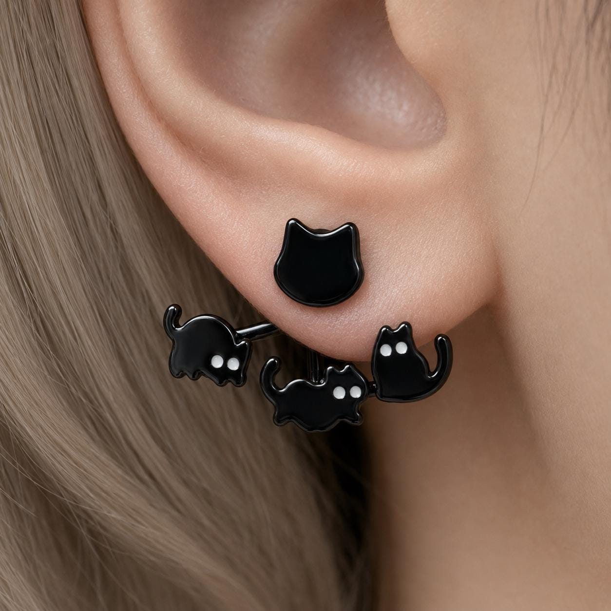 Cat stud earrings with detachable kitten ear jacket