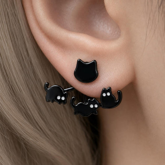 Cat stud earrings with detachable kitten ear jacket