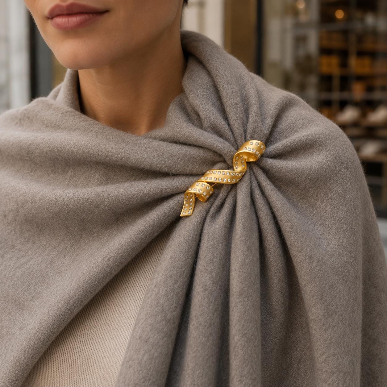 Gold spiral brooch on neutral background
