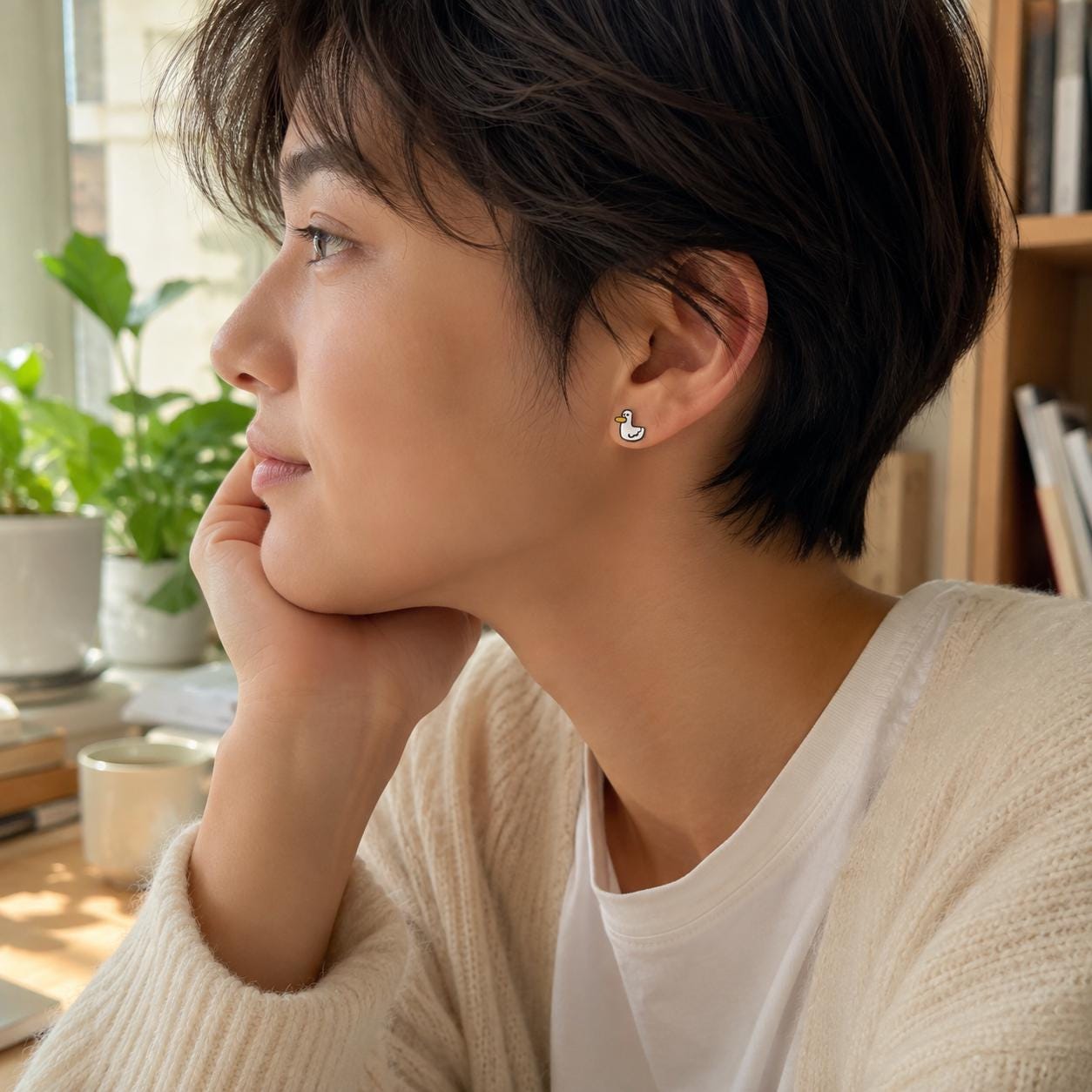 Duck stud earrings styled look