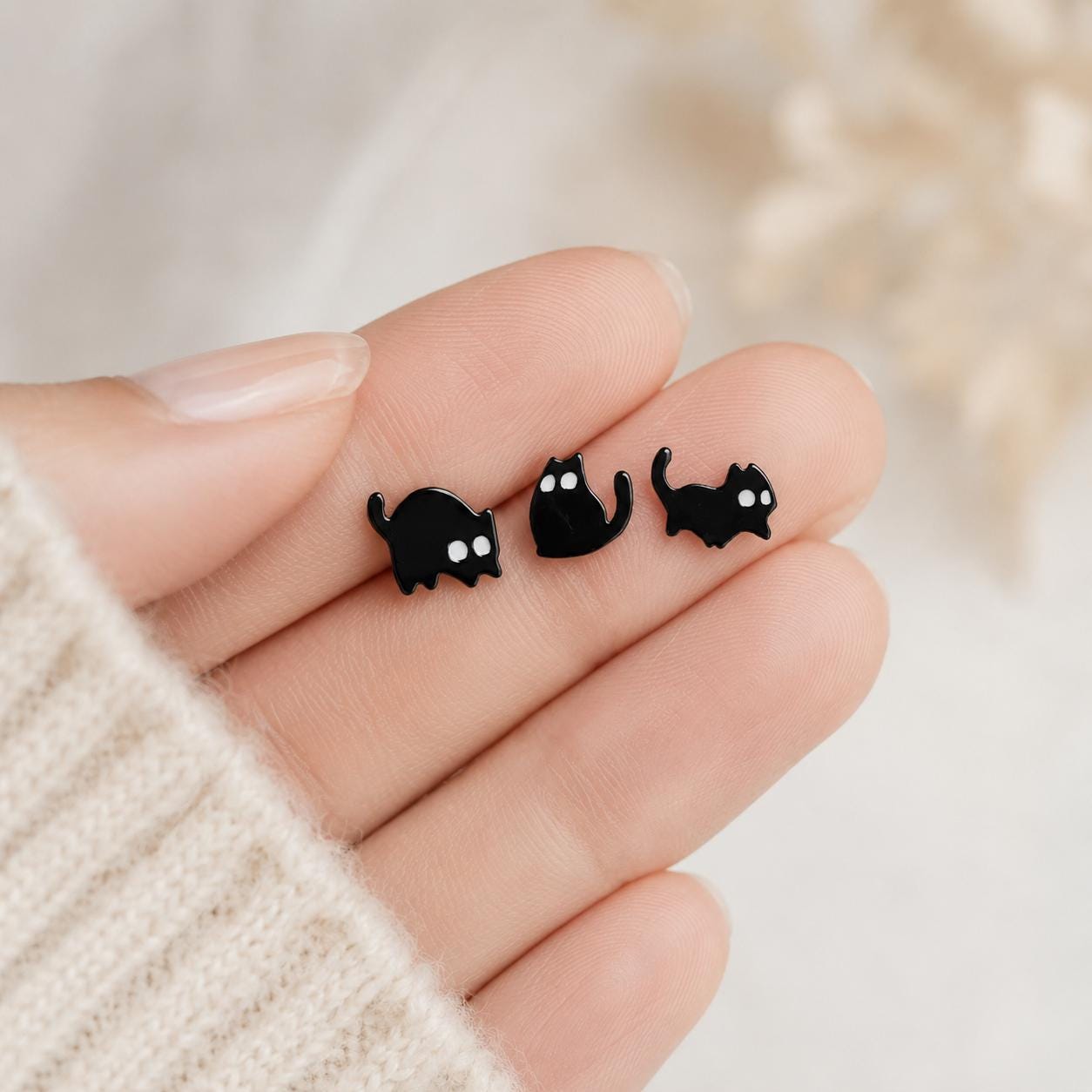 Black cat stud earrings mix and match stack