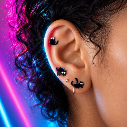 Black cat stud earrings set of three
