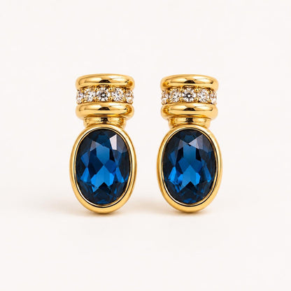 Blue glass gold oval stud earrings styled look