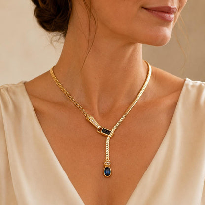 Gold Y lariat necklace flat lay
