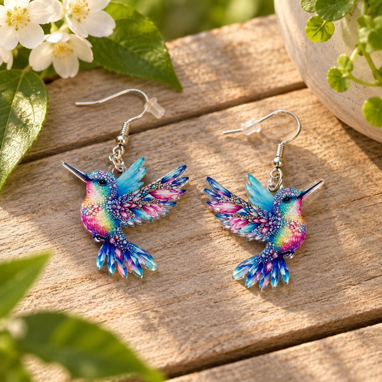 Rainbow iridescent hummingbird acrylic dangle earrings