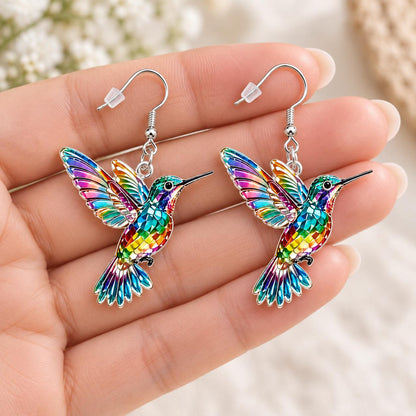 Stained glass hummingbird earrings french hook detail