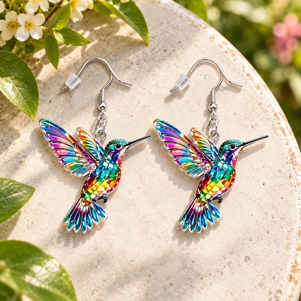 Stained glass rainbow hummingbird acrylic dangle earrings