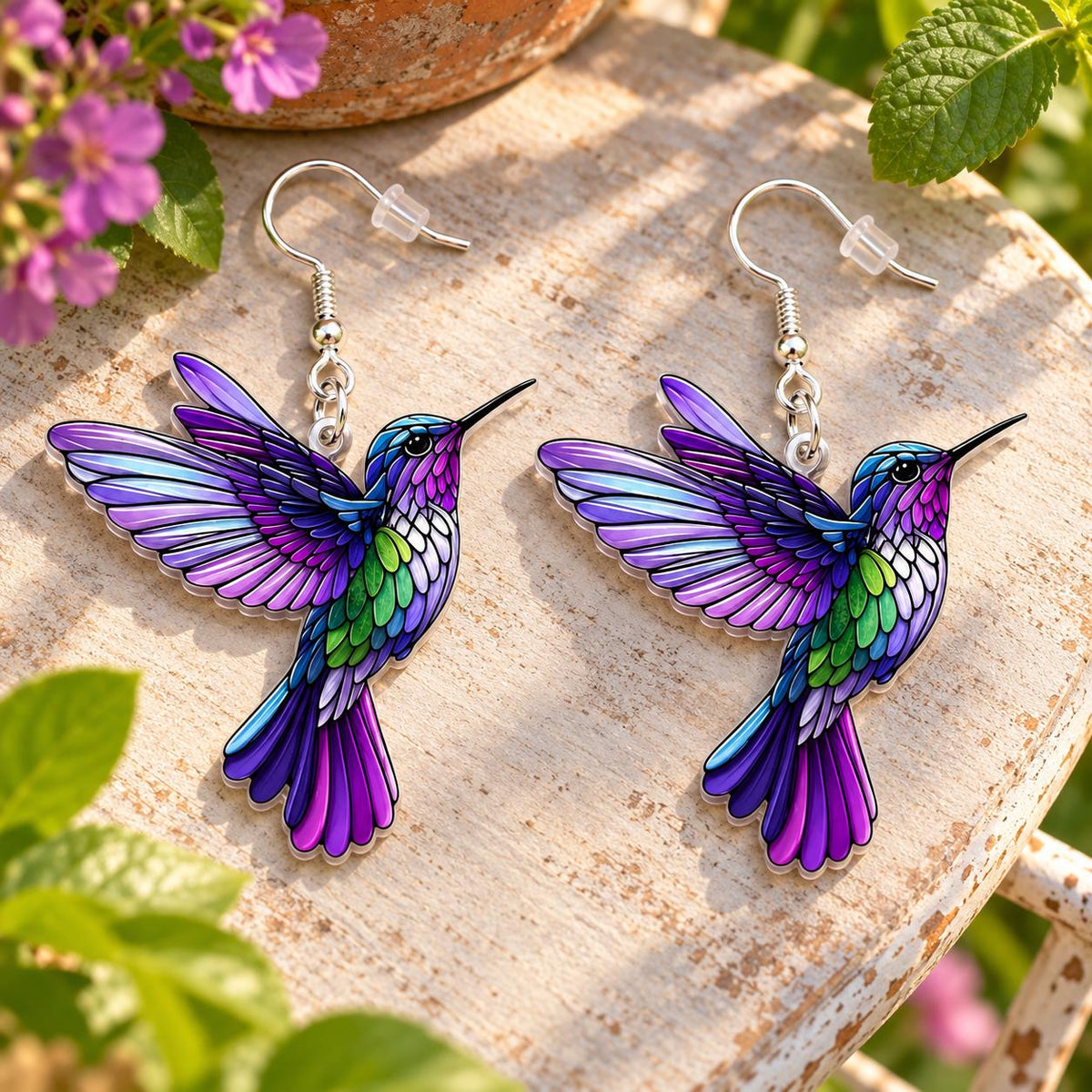 Purple violet hummingbird acrylic dangle earrings