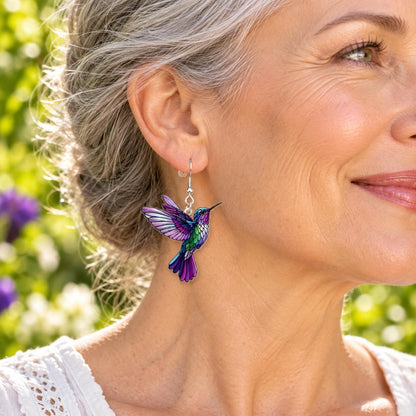 Purple hummingbird earrings styled look