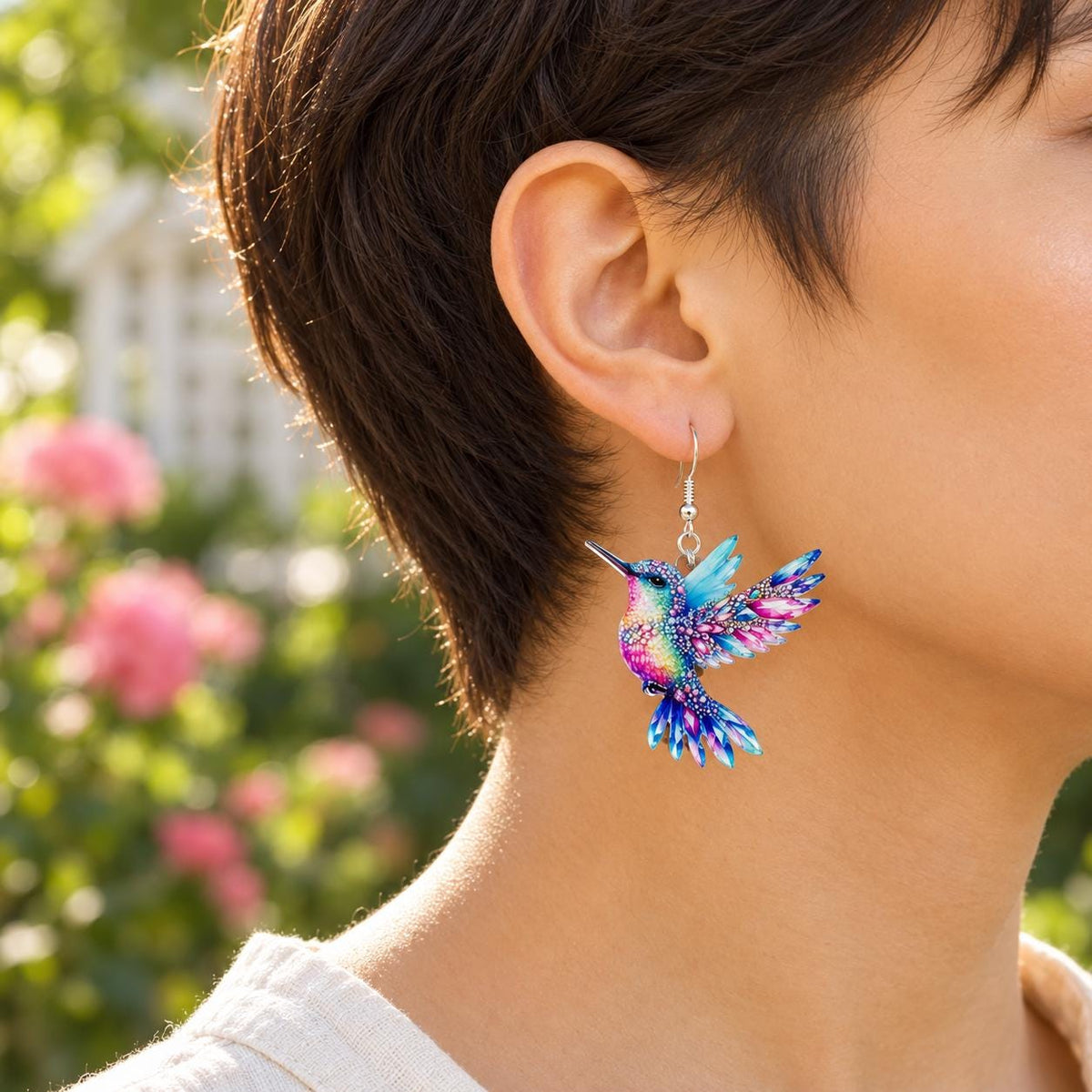 Rainbow hummingbird earrings on neutral background