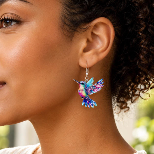 Rainbow hummingbird earrings - close-up detail