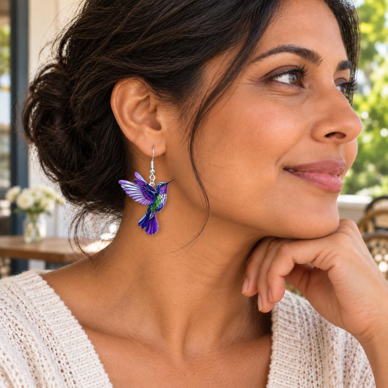 Purple hummingbird earrings wing detail
