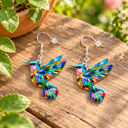 Colorful mosaic hummingbird acrylic dangle earrings