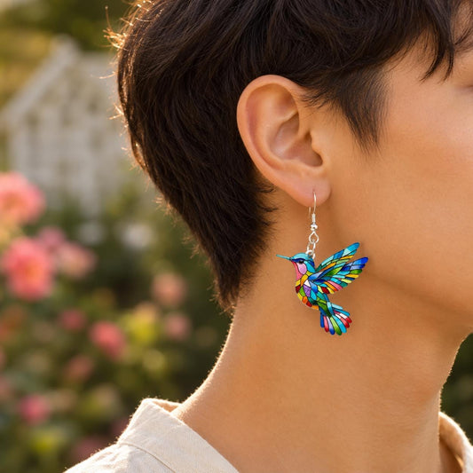 Colorful hummingbird earrings - close-up detail