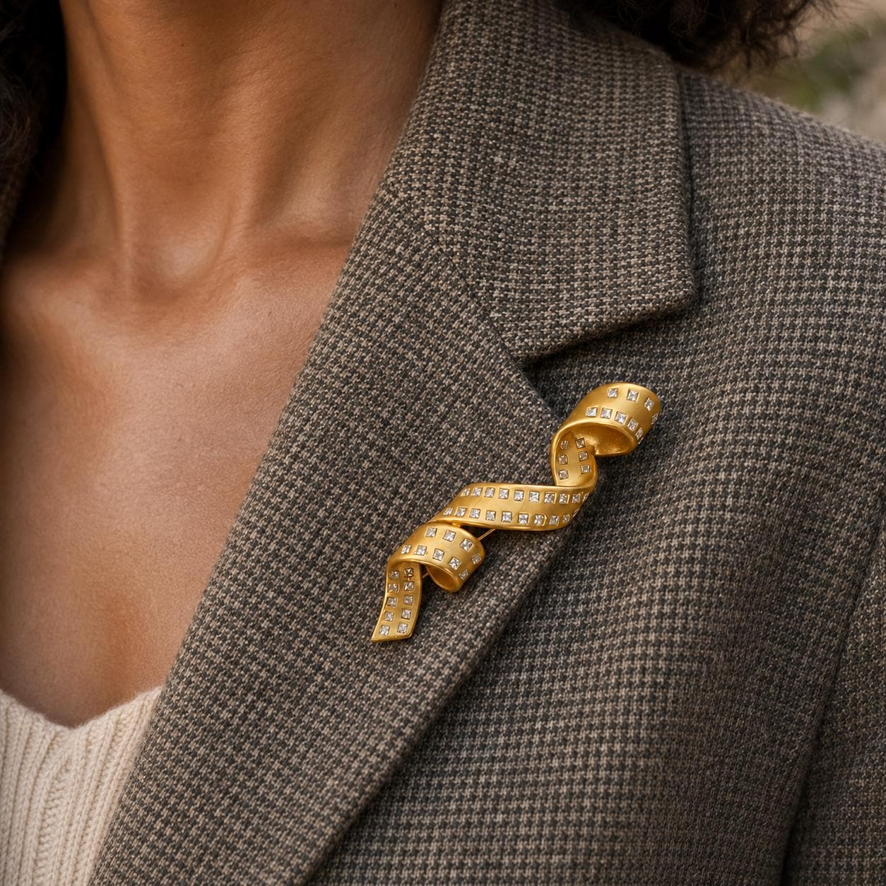 Gold spiral ribbon brooch with crystals