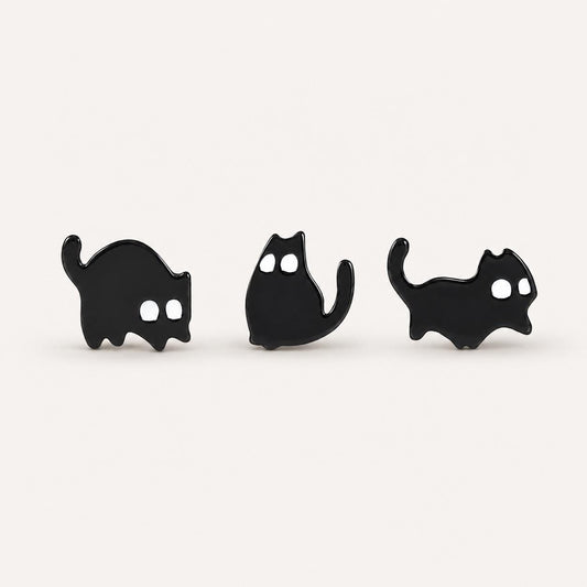 Black cat stud earrings set - close-up detail