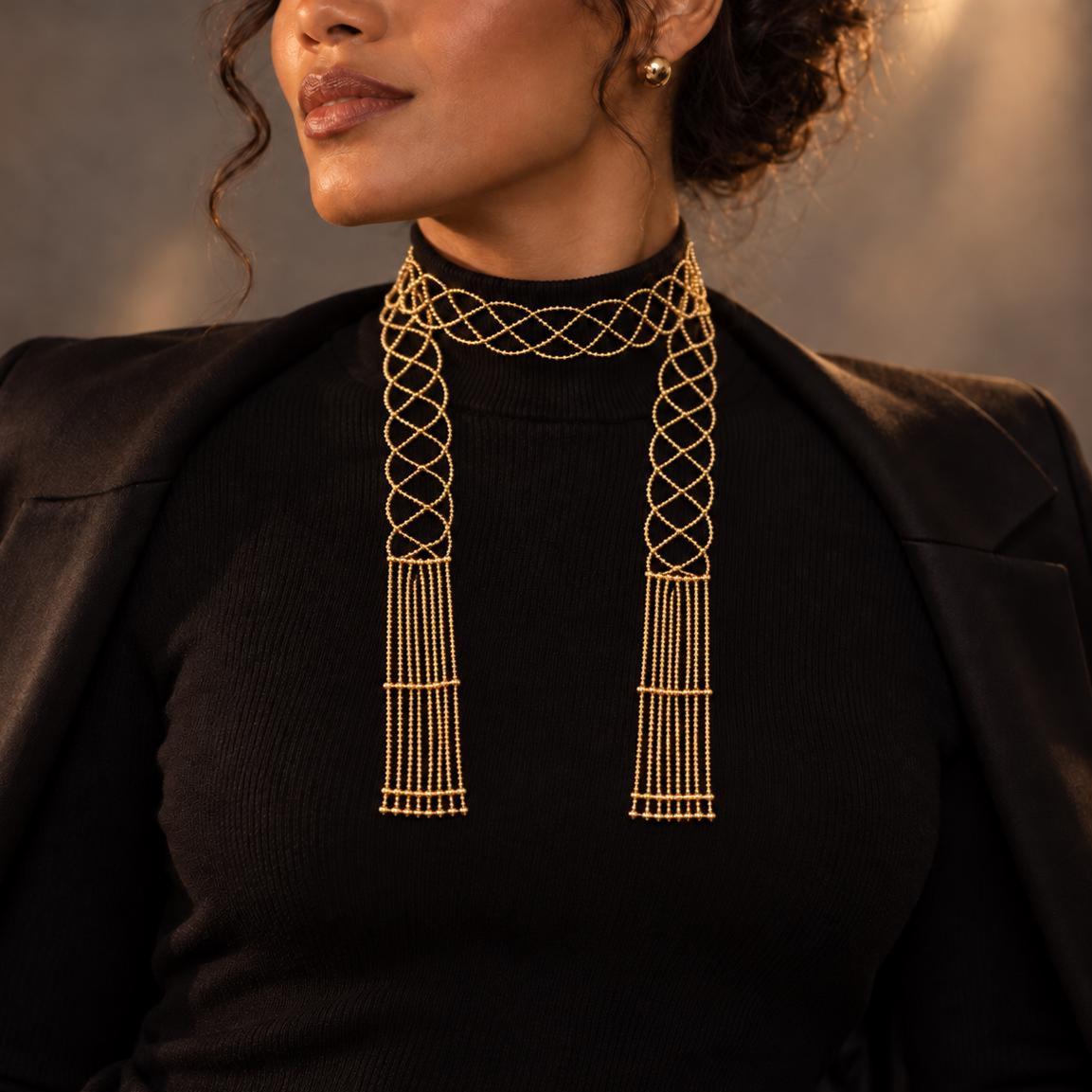 Lattice scarf necklace worn draped on model