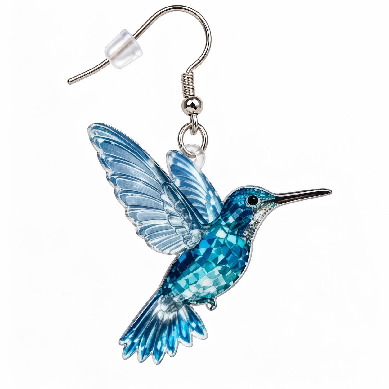 Blue hummingbird earrings on neutral background