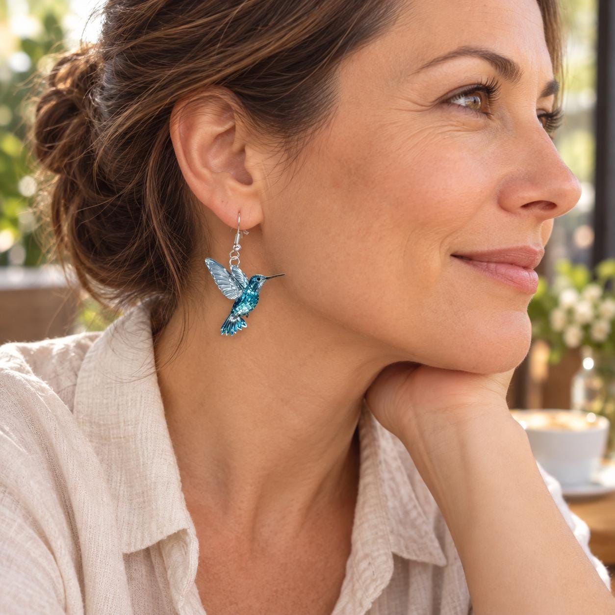 Blue hummingbird earrings size and scale