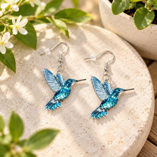 Blue hummingbird teal acrylic dangle earrings