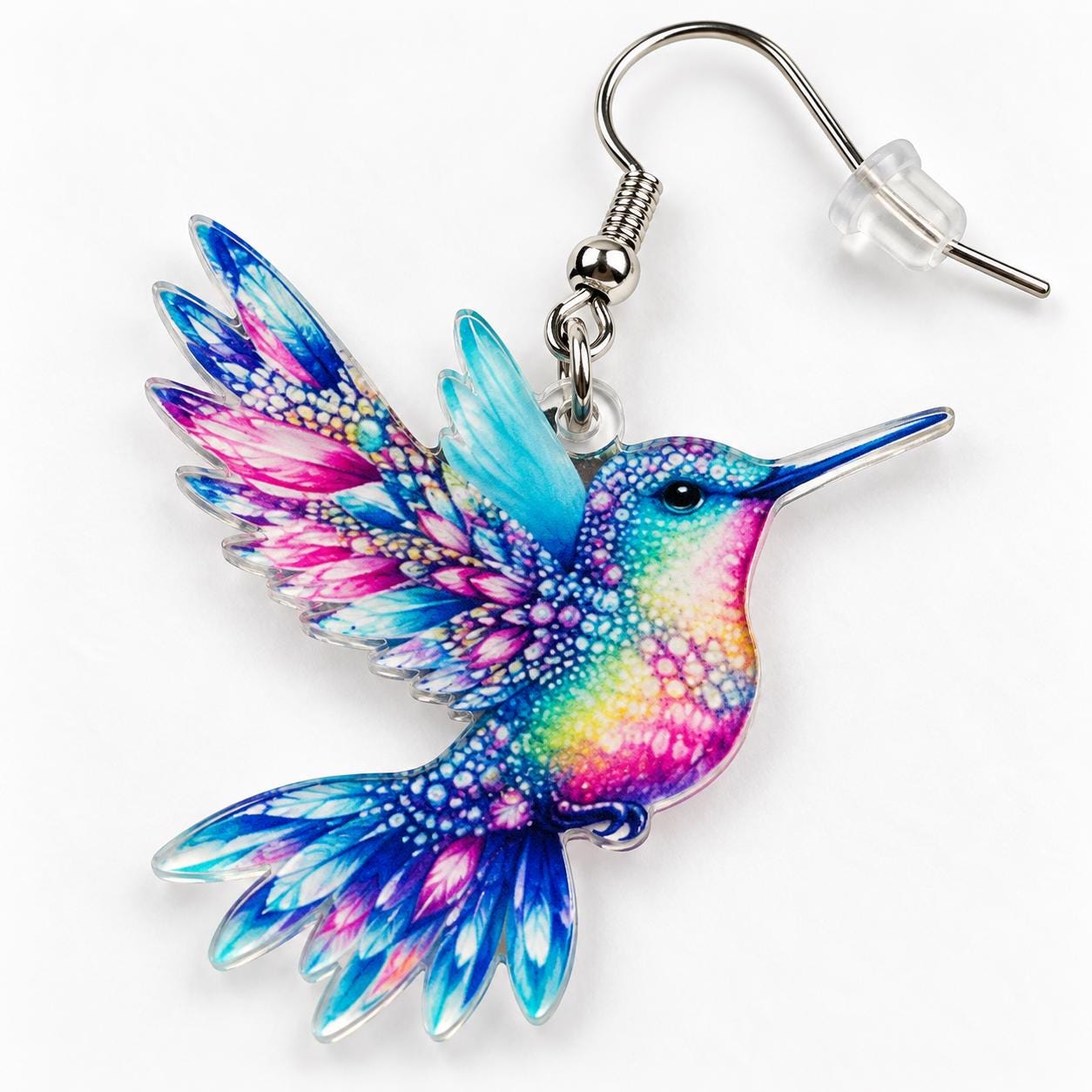 Rainbow hummingbird earrings size and scale