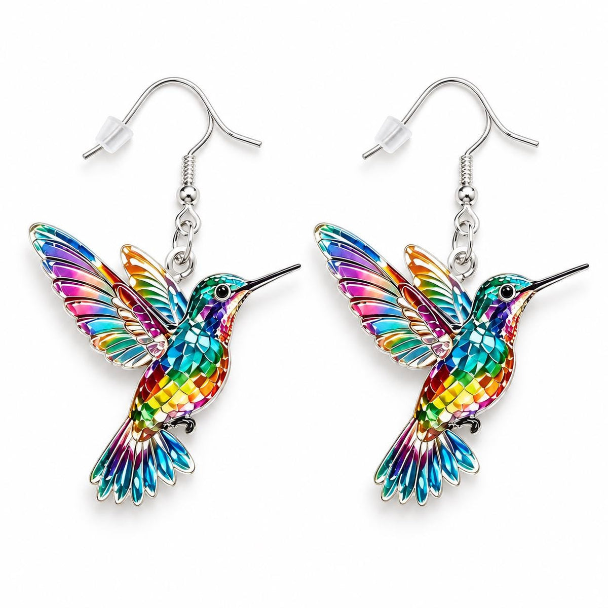 Stained glass hummingbird earrings worn on model