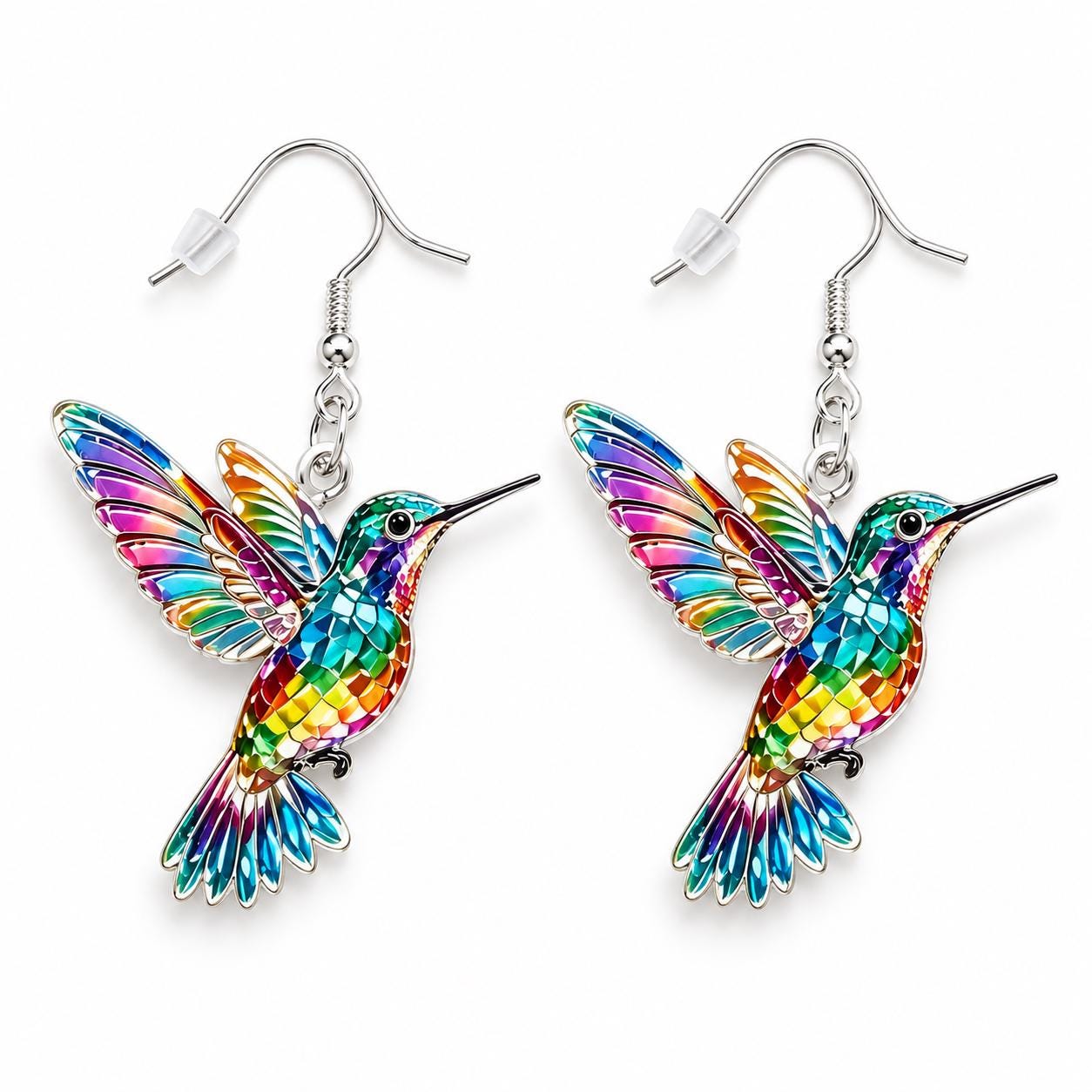Stained glass hummingbird earrings worn on model