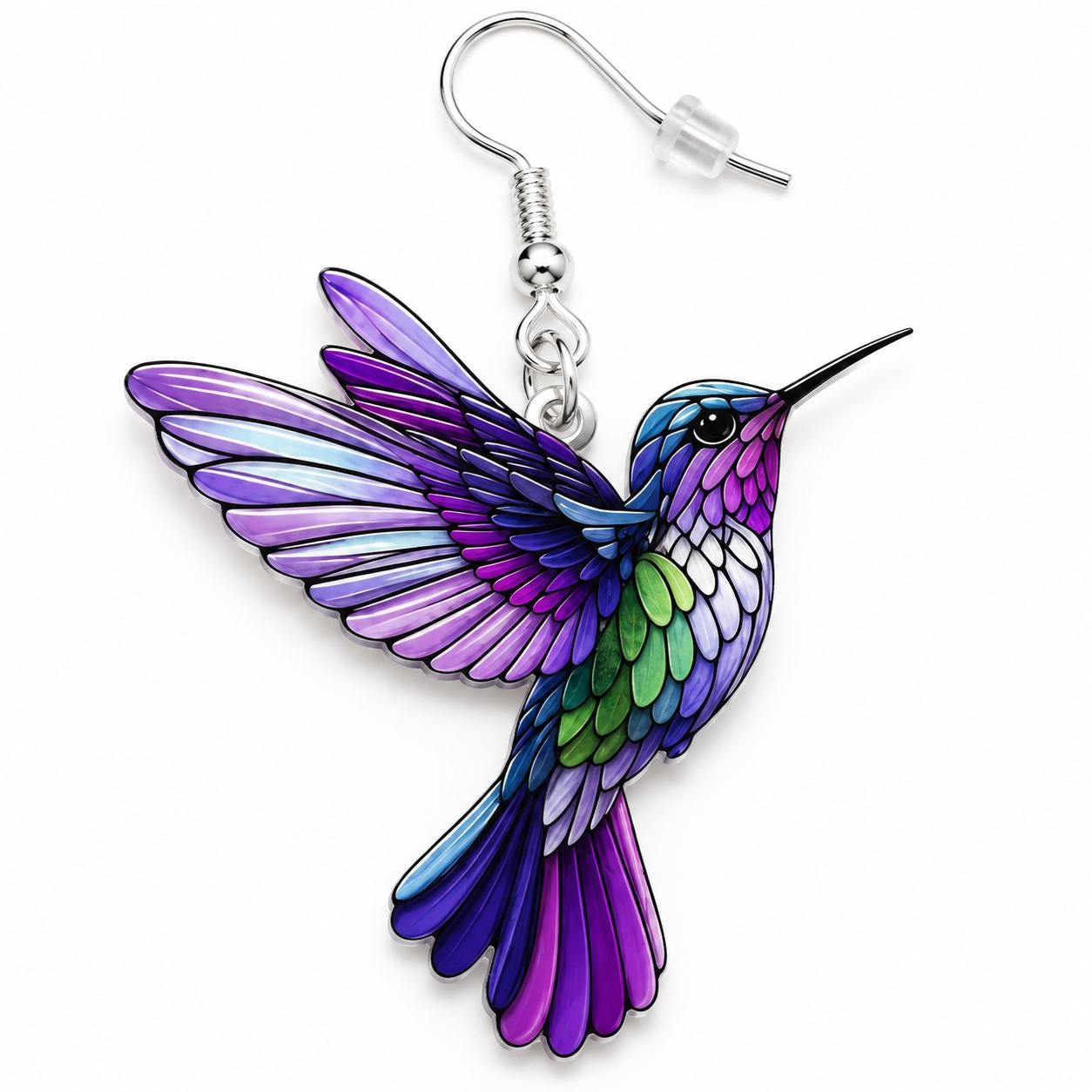 Purple hummingbird earrings size and scale