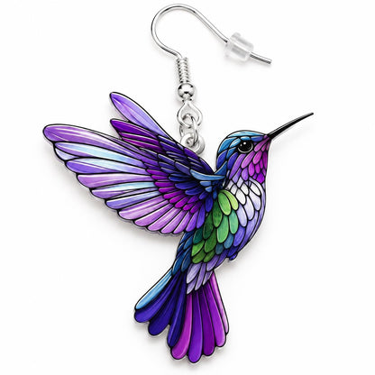 Purple hummingbird earrings size and scale