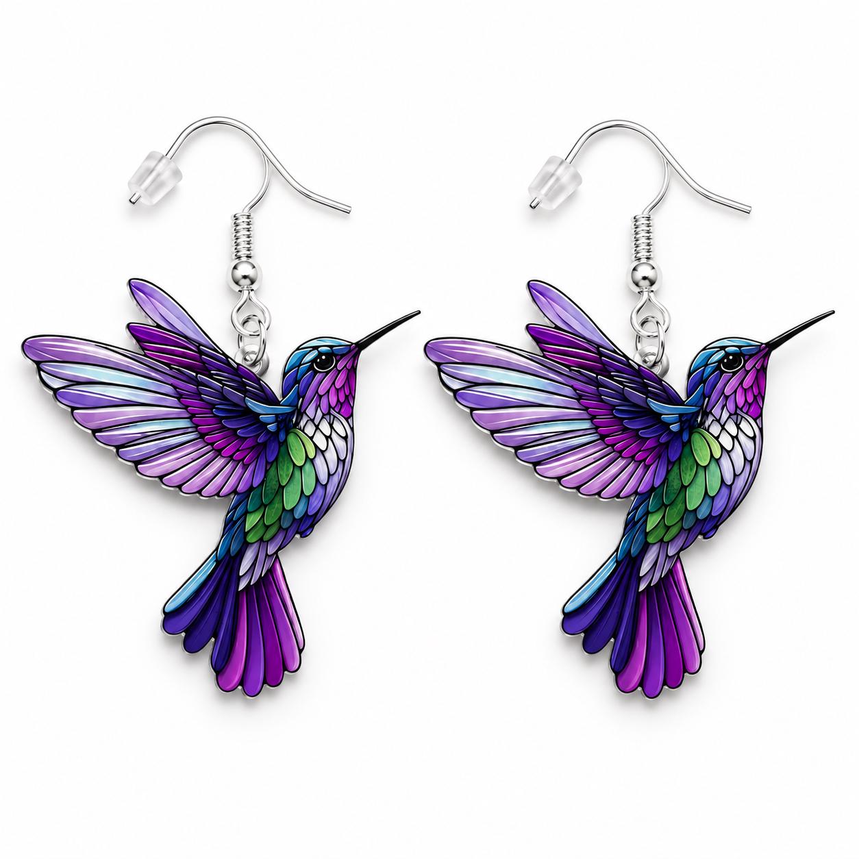 Purple hummingbird earrings french hook detail