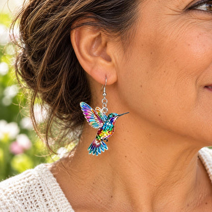 Stained glass hummingbird earrings wing detail