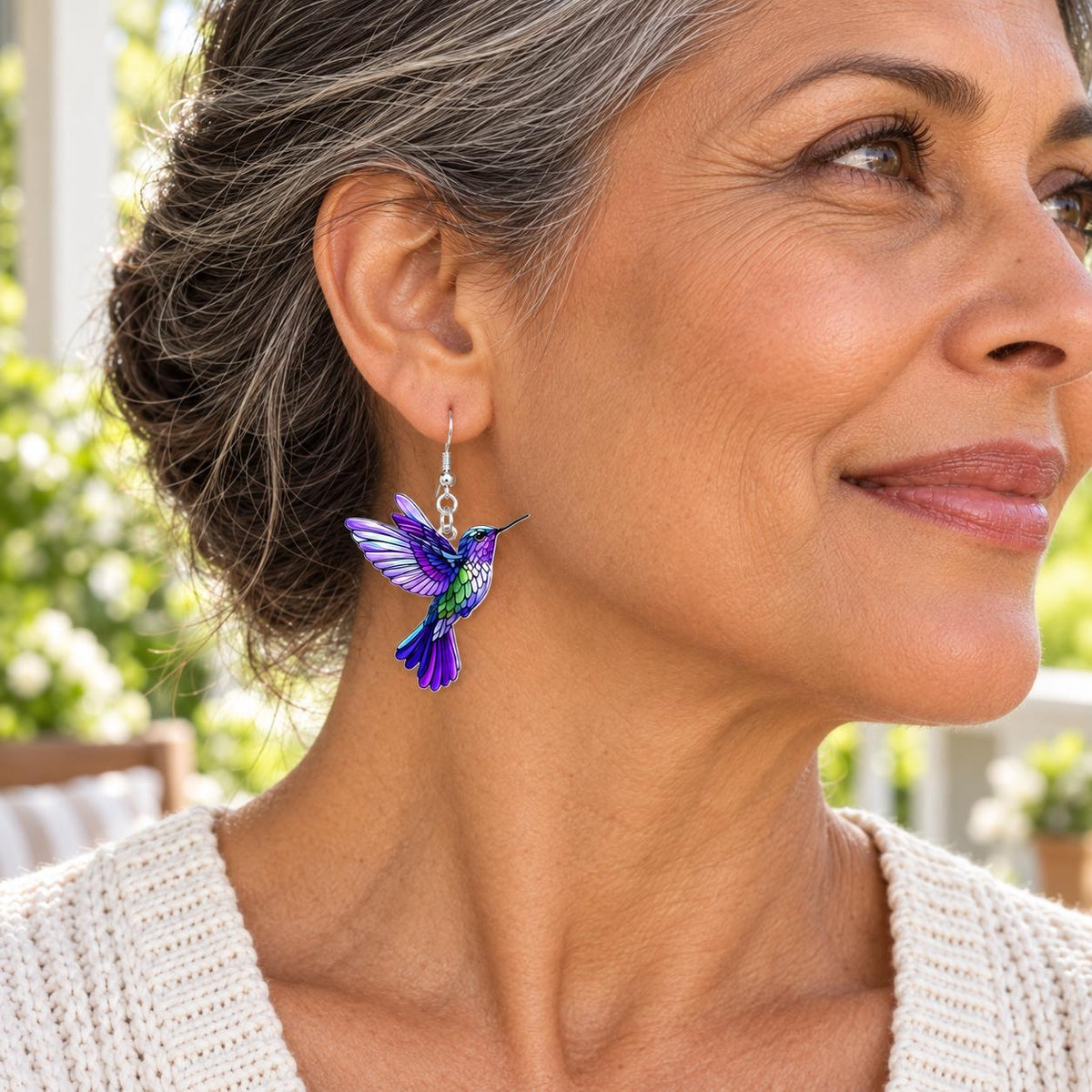 Purple hummingbird earrings alternate angle