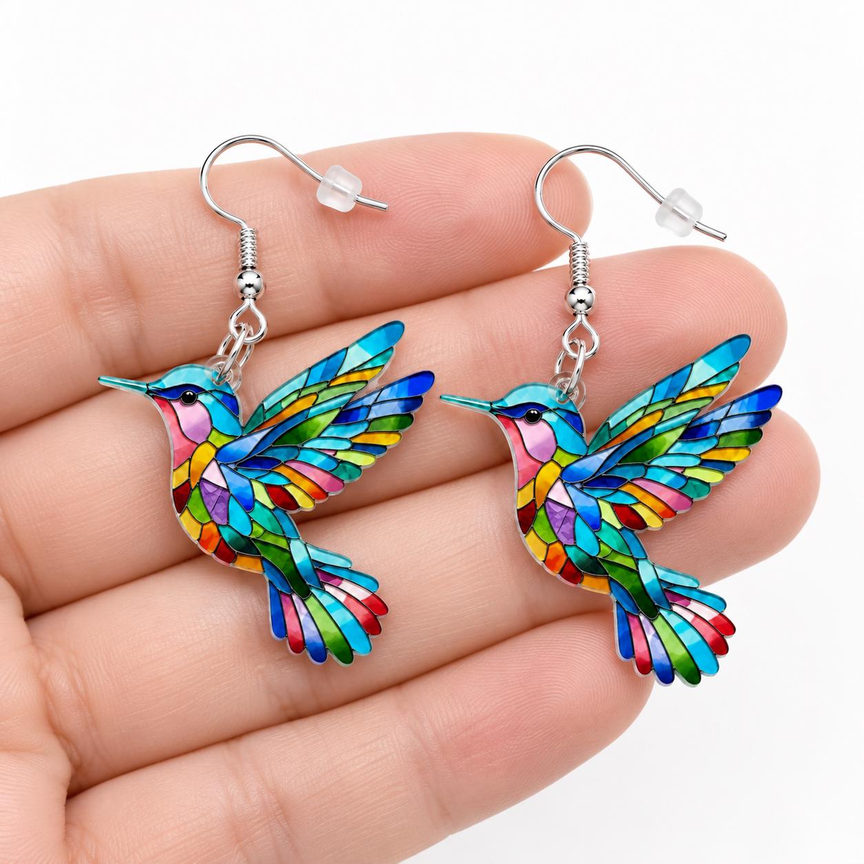 Colorful hummingbird earrings size and scale