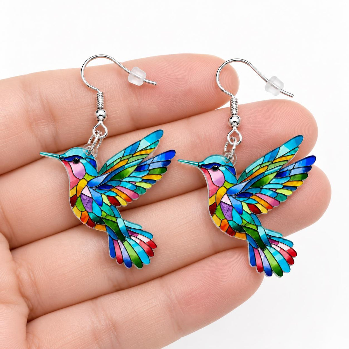 Colorful hummingbird earrings size and scale