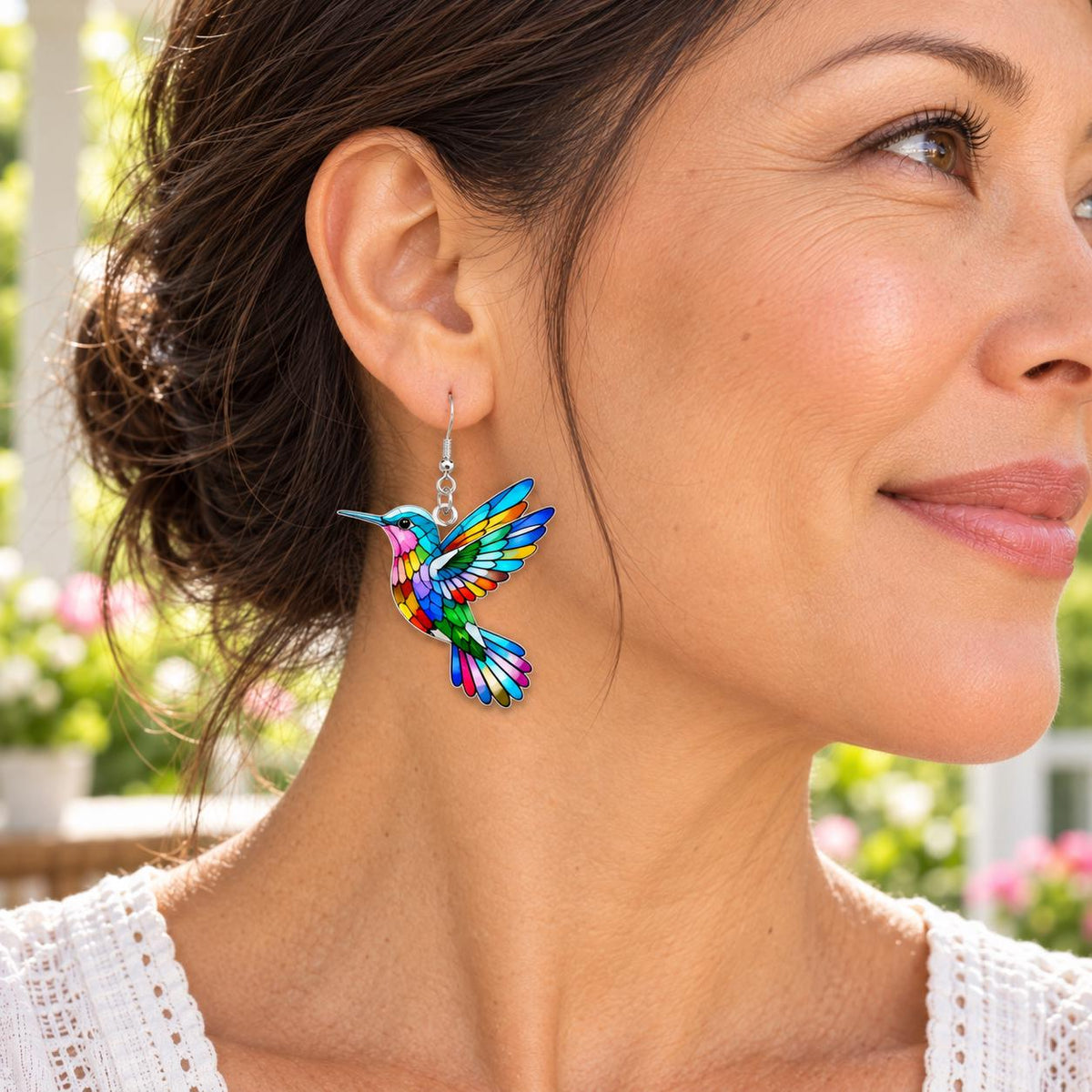 Colorful hummingbird earrings alternate angle