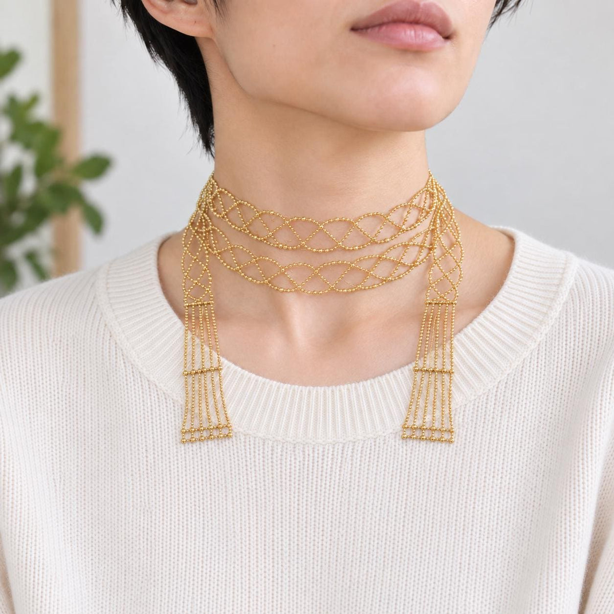 Lattice scarf necklace on neutral background