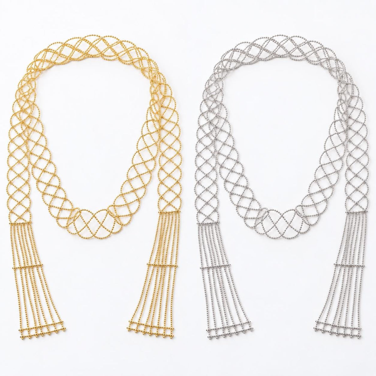 Lattice scarf necklace worn to one side