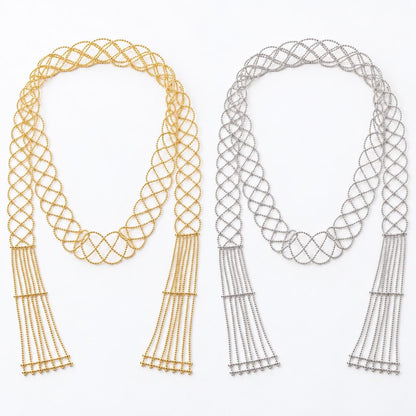Lattice scarf necklace worn to one side