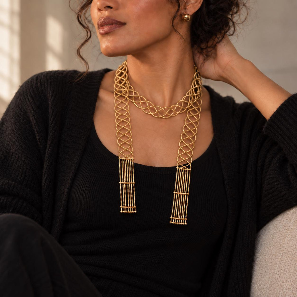 Lattice scarf necklace fringe tassel detail
