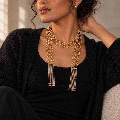 Lattice scarf necklace fringe tassel detail