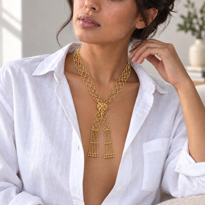 Long lattice woven chain scarf necklace in gold