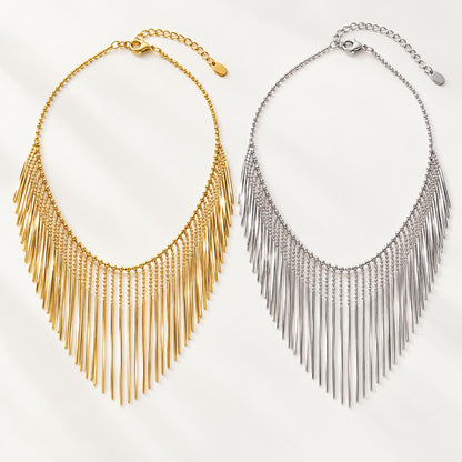 Waterfall fringe necklace worn on model