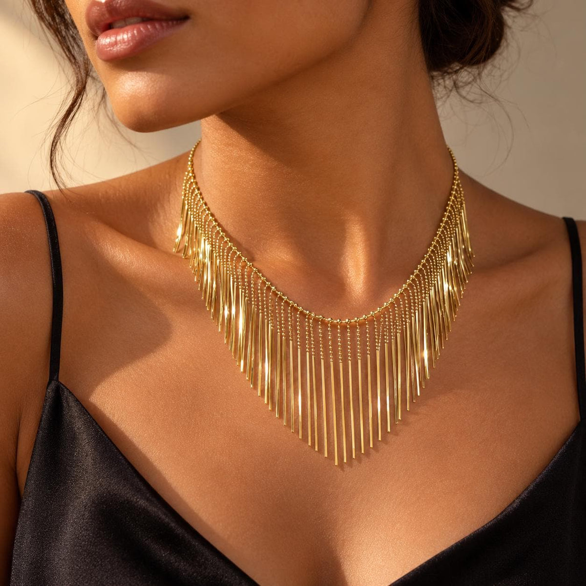 Waterfall fringe necklace fringe detail