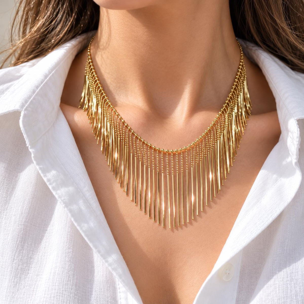 Waterfall fringe tassel necklace in gold