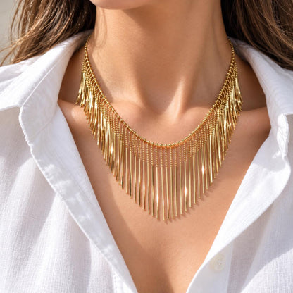 Waterfall fringe tassel necklace in gold